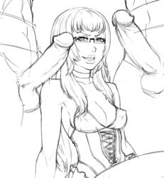 2boys breasts catherine_(game) choker cleavage corset erect_nipples faceless_male female glasses grin huge_cock katherine_mcbride large_breasts large_penis legoman lips long_hair monochrome multiple_penises penis semi-rimless_glasses sketch smile under-rim_glasses