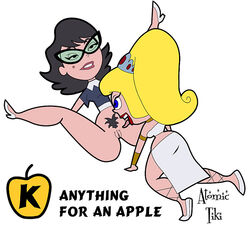 2girls apple_of_discord atomictiki beauty_mark black_text blonde_hair cartoon_network cunnilingus deity eleanor_butterbean eris_(billy_and_mandy) european_mythology female female_only goddess golden_apple greek_mythology green-tinted_eyewear hairy_pussy human legs_spread licking_pussy light-skinned_female multiple_girls mythology public_domain red_lipstick straight_hair sunglasses tagme the_grim_adventures_of_billy_and_mandy tinted_eyewear white_background yuri