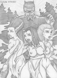 bride_of_frankenstein crossover female_vampire frankenstein frankenstein's_monster harem monochrome multiple_girls nude nude_female public_domain raylude vampire vampire_fangs vampire_girl vampirella werewolf werewolf_girl wolfman