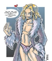 1boy 2006 artist_request artist_signature blonde_hair bulge crossdressing english_text fur-trimmed_coat fur_trim goatee hitchhiker's_guide_to_the_galaxy light-skinned_male long_hair long_hair_male male_in_lingerie male_only manly_crossdresser panties penis_peek solo_male speech_bubble the_hitchhiker's_guide_to_the_galaxy wink winking_at_viewer zaphod_beeblebrox