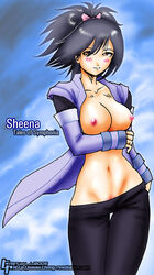 black_hair blush breasts brown_eyes character_name detached_sleeves female female_only human japanese_clothes john_joseco leggings ninja open_clothes open_shirt pussy ribbon ribbons sheena_fujibayashi shirt short_hair small_waist solo tales_of_(series) tales_of_symphonia thigh_gap thighs title_drop uncensored undressing