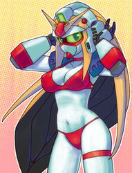 1girls artist_request belly belly_button bikini bikini_bottom bikini_top blonde_hair breasts cleavage curvaceous female female_only g_gundam garters green_eyes green_sclera gundam hips humanoid large_breasts long_hair looking_at_viewer mecha mobile_suit mouthless navel no_mouth nobel_gundam red_bikini red_bikini_bottom red_bikini_top robot robot_girl simple_background solo standing swimsuit thick thick_thighs thighs white_skin wide_hips