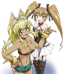 2girls bandeau blonde_hair breasts dark_skin female female_only liru long_hair multiple_girls nipple nipple_slip nipples pachira renkin_san-kyuu_magical_pokaan