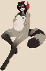 2018 anthro beanie belly big_belly black_nipples breasts female fur hair hat hiddenwolf looking_at_viewer mammal navel nipples nude open_mouth pregnant procyonid raccoon simple_background smile solo