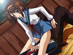 1boy animated animated black_legwear brown_eyes brown_hair censored female hair_ornament hair_ribbon ribbon school_uniform sex short_hair suzumiya_haruhi suzumiya_haruhi_no_yuuutsu