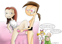 2003 3girls black_eyes blonde_hair bottomless crossover disney female female/female glasses helga_pataki hey_arnold! master_of_puppets multiple_girls nickelodeon nipples pink_eyes pussy red_hair sex sex_toy straight_hair strap-on the_fairly_oddparents the_weekenders tish_katsufrakis vicky_(fairly_odd_parents) white_background yuri