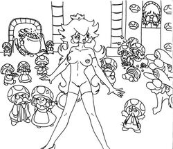 bowser breasts casual_nudity croco empty_(artist) exhibitionism facial_hair female hair human indoors interspecies line_art luigi male mario mario_(series) monochrome mustache nintendo princess_peach straight_hair super_mario_rpg toad_(mario) vulva