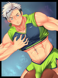 2boys abs ass bara blush body_hair bulge erection facial_hair glasses glasses_on_head interracial male_only multicolored_hair multiple_boys muscle pecs pokemon pokemon_go sweat willow_(pokemon) yaoi