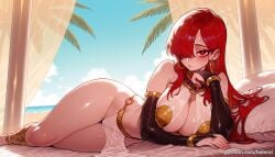 ai_generated balecxi bare_shoulders blush cleavage earrings fate/grand_order fate_(series) female hair_over_one_eye jewelry large_breasts long_hair looking_at_viewer lying navel oda_nobunaga_(avenger)_(fate) oda_nobunaga_(fate) on_side patreon_username pelvic_curtain red_eyes red_hair shiny_skin solo thighs