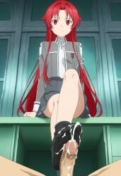 ai_generated cum_in_feet cum_in_sock cum_on_feet cum_on_foot cum_on_socks feet feet_focus female foot_fetish foot_focus footjob red_eyes red_hair sockjob soles sword_art_online tiese_shtolienen toes