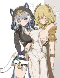 2girls against_wall aglaea_(honkai:_star_rail) ancient_greek_clothes animal_ear_fluff animal_ears assertive_female backless_dress backless_outfit bare_shoulders black_choker black_gloves black_hood black_leotard blank_censor blonde_hair blonde_streaks blue_eyes blush bow bracelet breasts brooch cat_brooch cat_ears cat_girl cat_tail censored chest_tattoo choker cipher_(honkai:_star_rail) cleavage closed_eyes closed_mouth clothed_sex clothes_lift commentary_request cowboy_shot dot_nose dress dress_lift ears_through_headwear ears_through_hood erection fingerless_gloves fingernails flower furrowed_brow futa_with_female futanari gloves gold_bracelet greco-roman_clothes grey_bow grey_hair hair_flower hair_ornament hairbow hand_on_another's_back handjob hell_chihuahua highres hip_vent honkai:_star_rail honkai_(series) hood hood_up hooded_leotard jewelry large_breasts laurel_crown leotard lifting_own_clothes light_frown long_sleeves looking_to_the_side moaning mole mole_on_breast motion_lines multicolored_hair multiple_girls nail_polish no_panties nose_blush pendant_choker penis raised_eyebrows short_hair short_hair_with_long_locks sideboob simple_background smirk speech_bubble speed_lines standing streaked_hair sweat tail tail_ornament tattoo testicles thighs translation_request twitching two-tone_hair u_u white_background white_dress white_flower white_streaks white_tail yellow_nails