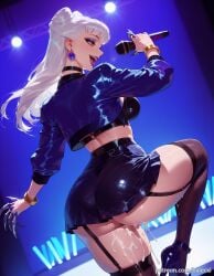 ai_generated ass balecxi black_choker black_garter_straps bracelet breasts claw_(weapon) claws cropped_jacket cum earrings evelynn evelynn_(league_of_legends) eyeshadow female garter_straps high_heels holding holding_microphone jacket jewelry k/da_(league_of_legends) k/da_all_out_evelynn k/da_all_out_series league_of_legends long_hair makeup microphone open_mouth skirt smile solo thick_thighs thighhighs white_hair yellow_eyes