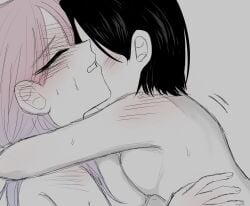 2girls alien_stage black_hair breasts closed_eyes hug long_hair mizi_(alien_stage) pink_hair rosteliap short_hair sua_(alien_stage) sweat yuri