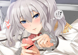 admiral_(kantai_collection) beret blue_eyes blush epaulettes female frilled_sleeves frills handjob hat heart heart-shaped_pupils jewelry kantai_collection kashima_(kantai_collection) kerchief long_sleeves looking_at_viewer military military_uniform parted_lips penis penis_poke precum ring schizanthus_(artist) sidelocks silver_hair smile solo_focus symbol-shaped_pupils teasing text tied_hair translation_request tsurime twintails twitching uniform upper_body wavy_hair wedding_band