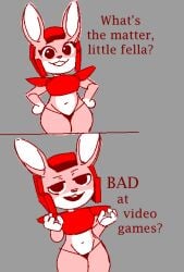anonymous_artist anthro armor bikini bikini_bottom cherry_bunny cherry_bunny_demon_hunter chest_armor clothed clothing comic dialogue digital_media_(artwork) duo english_text female fur gloves_(marking) headgear helmet lagomorph leporid mammal markings navel offscreen_character partially_clothed pink_body pink_fur rabbit simple_background smile solo swimwear talking_to_viewer text two-piece_swimsuit white_body white_fur