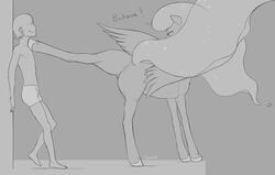 2016 alicorn anatomically_correct anatomically_correct_pussy animal_genitalia animal_pussy anus arareroll ass barefoot clothing duo english_text equine equine_pussy female feral friendship_is_magic hi_res horn human human_male male male_human/female_feral mammal monochrome my_little_pony pussy smile sparkling_hair spread_legs spreading text wings