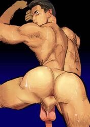 1boy anus ass back back_muscles back_view bara blue_background blush human human_only looking_at_viewer male male_only muscle nude penis presenting presenting_anus presenting_ass presenting_butt solo solo_focus solo_male sweat sweaty_ass tofu_(artist) toned toned_body toned_male