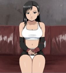 1girls black_eyes black_hair final_fantasy panties sitting skirt tifa_lockhart upskirt white_panties yonkaku