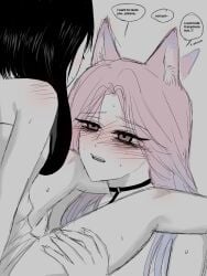 2girls alien_stage black_hair blush denial ear_twitch english_text fangs leash_and_collar long_hair mizi_(alien_stage) open_mouth pink_hair rabbit_ears rabbit_girl rosteliap short_hair sua_(alien_stage) wolf_ears wolf_girl yuri