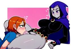 1futa 1girl1futa ai_generated alternate_breast_size ben_10 big_penis blowjob deepthroat duo erection fellatio female futa_on_female futanari gwen_tennyson huge_breasts large_breasts low-angle_view mullon novelai oral penis raven_(dc) teen_titans