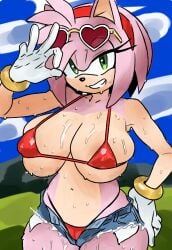 amy_rose anthro ass big_breasts big_butt bikini bikini_bottom bikini_top bodily_fluids bottomwear breasts clothing eulipotyphlan eyewear female gloves handwear hedgehog hi_res huge_breasts huge_butt jeans_shorts mammal ring sega shorts simple_background smile solo sonic_(series) sonic_the_hedgehog_(series) sunglasses sweat swimwear thick_thighs thisguyxyq two-piece_swimsuit white_clothing white_gloves white_handwear