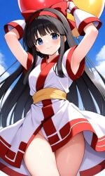 1girls ai_generated ainu_clothes armpits arms_behind_head big_breasts blue_eyes blush breasts busty female female_only fingers hair_ribbon hi_res king_of_fighters large_breasts legs looking_at_viewer nakoruru panties pantyshot pose posing samurai_shodown smile snk solo thick_thighs thighs voluptuous