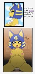 2d animal_crossing ankha ankha_(animal_crossing) anthro belly blush bodily_fluids breasts clothing cowgirl_position crossed_arms cum cum_inside dialogue domestic_cat doubutsu_no_mori duo ejaculation felid feline felis female from_front_position genital_fluids genitals hair hi_res hieroglyphics imprettynormai inflation male male/female mammal moan nairu_(doubutsu_no_mori) navel nintendo nipples on_bottom on_top orgasm orgasm_face penetration penis pussy sex side_eye simple_background sky text tongue tongue_out vaginal_penetration