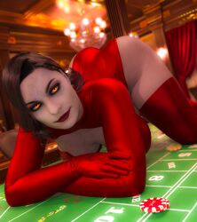 1girls 3d 3d_(artwork) alcina_dimitrescu ass ass_up bustin3d capcom casino highres looking_at_viewer on_knees poker_table red_clothing resident_evil resident_evil_8:_village smile solo yellow_eyes