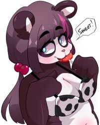 anthro black_fur black_hair blue_eyes breasts chubby clothed clothing cow_bikini curvaceous female fur hair looking_at_viewer miss_raccoonto original_character overweight panda pose saliva solo white_fur