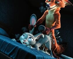 3d accurate_art_style ai_generated disney doggy_style ear_pull excessive_cum eyes_rolling_back female from_behind furry judy_hopps nick_wilde on_bed saliva steaming_body zootopia