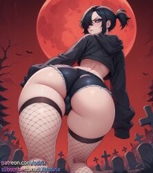 ai_generated black_hair blue_eyes bulge bulge_through_clothing bulge_under_clothes curvy_male femboy femboy_focus femboy_only fishnet fishnet_legwear fishnet_stockings fishnets goth goth_boy goth_femboy navel navel_piercing osirix penis_bulge self_upload short_ponytail stable_diffusion thick_legs wide_hipped_male wide_hips