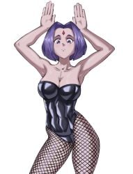 :( bare_shoulders black_leotard breasts bunny_pose cleavage collarbone covered_navel fishnets forehead_jewel grey_skin highleg_leotard large_breasts leotard libixus looking_at_viewer purple_eyes purple_hair raven_(dc) short_hair strapless_leotard teen_titans thighs