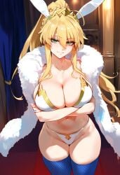 1girls ai_generated artoria_pendragon artoria_pendragon_(swimsuit_ruler) big_breasts blonde_hair breasts bunny_ears fate/grand_order fate_(series) female female_focus green_eyes hips huge_breasts large_breasts long_hair mature_female milf navel ponytail thick_thighs thighs