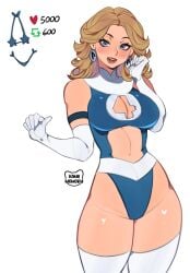 1girls 2d blonde_hair blue_eyes breasts cleavage earrings english_text fantastic_four female female_only fully_clothed hi_res invisible_woman invisible_woman_(marvel_rivals) kamii_momoru large_breasts light-skinned_female light_skin like_and_retweet marvel marvel_comics marvel_rivals revealing_clothes solo sue_richards sue_storm sue_storm_90s_costume superheroine text thighhighs thighs tight_clothing wide_hips