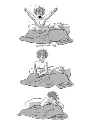 2boys abs aneclipseatdusk armpits bakudeku bakugou_katsuki boku_no_hero_academia bones_(company) completely_nude curly_hair freckles green_hair hug izuku_midoriya katsuki_bakugo messy_hair midoriya_izuku my_hero_academia nude pectorals scar scar_on_arm shounen_jump spiked_hair waking_up yaoi