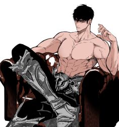 1boy abs armor ax_(itto) black_hair male male_only muscular_male original red_eyes simple_background sitting solo topless vein white_background