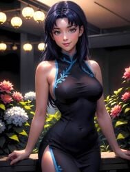 1girls ai_generated anime arczisan babe beautiful beautiful_background black_dress breasts busty china_dress chinese_clothes curvy_figure cute dress elegant female flower flower_shop happy indoors lamp looking_at_viewer misato_katsuragi navel_visible_through_clothes neon_genesis_evangelion off_shoulder off_shoulder_dress pilot purple_hair smile stable_diffusion thighs wood