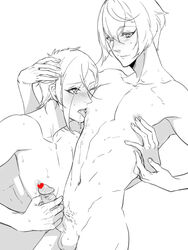 2boys blush cum erection hizamaru licking male_only monochrome muscle nipples nude penis smile testicles tongue touken_ranbu uguisumaru yaoi zuwai_kani