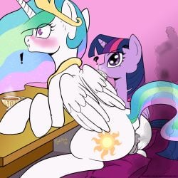 accidental_fart alicorn animal anus ass blush blushing color duo equine fart fart_fetish friendship_is_magic hi_res horn kyokimute mammal my_little_pony princess_celestia_(mlp) public public_fart pussy tea tea_cup twilight_sparkle_(mlp) wings