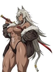 abs animal_ears dark_skin eyepatch ghislaine_dedoldia grey_hair jacket large_breasts muscle muscular muscular_female muscular_thighs mushoku_tensei red_eye sword tail toned zantyarz