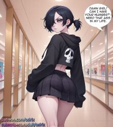 ai_generated black_hair blue_eyes crossdressing curvy_male femboy femboy_focus femboy_only goth goth_boy goth_femboy hoodie osirix self_upload short_ponytail skirt stable_diffusion thick_legs wide_hipped_male wide_hips