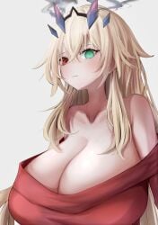 1girls bangs barghest_(gawain)_(fate) blonde_hair blush blush breasts breasts_bigger_than_head cleavage clothed clothing fate/grand_order fate_(series) female female_focus female_only gigantic_breasts green_eyes hair_between_eyes heterochromia huge_breasts large_breasts long_hair looking_at_viewer metae red_eyes simple_background solo white_background