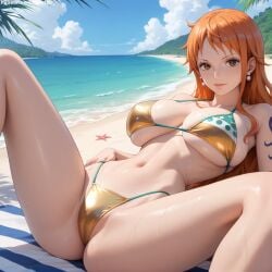 1girls 2d ai_generated ass athletic athletic_female bare_shoulders beach belly big_ass big_breasts bikini bikini_bottom bikini_top cameltoe curvy curvy_figure cute cute_face detailed eyelashes eyeshadow female female_only fit fit_female focus ginger ginger_hair gold_bikini high_quality huge_breasts large_breasts legs light-skinned_female light_skin lips lipstick long_hair looking_at_viewer lying lying_on_back makeup mascara mature midriff nami nami_(one_piece) nero100 ocean one_piece orange_eyes orange_hair outdoors outside pale-skinned_female pale_skin posing post-timeskip public sagging_breasts seaside seductive seductive_look spread_legs stable_diffusion thick_ass thick_butt thick_thighs thighs wide_hips