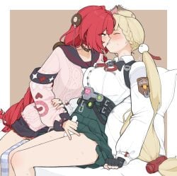 2girls alice_thymefield animal_ears armband assertive_female asymmetrical_docking black_armband black_bow black_bowtie black_gloves black_sailor_collar black_skirt blank_censor blonde_hair blue_thighhighs blush border bow bowtie braid braided_bangs breast_press breasts brown_background brown_choker buttons cable_knit cardigan censored character_name choker clenched_hand clenched_teeth closed_eyes clothed_sex clothes_lift collared_shirt commentary_request couple cushion dress_shirt emoticon erection fingerless_gloves french_kiss furrowed_brow futa_with_female futanari gloves green_skirt hand_on_another's_arm handjob hell_chihuahua high-waist_skirt highres kaomoji kissing large_breasts leaning_back leaning_forward leaning_on_object leaning_on_person long_hair long_sleeves low-tied_long_hair low_twintails miniskirt multiple_girls nape_braid on_cushion patch penis pink_cardigan pleated_skirt profile rabbit_ears rabbit_girl red_hair sailor_collar shirt shoulder_patch simple_background single_thighhigh sitting skirt skirt_lift small_penis sphere_hair_ornament striped_clothes striped_thighhighs sweat sweatdrop tears teeth thigh_strap thighhighs thighs tongue tongue_out twintails twisted_torso twitching ukinami_yuzuha very_long_hair white_border white_shirt white_thighhighs zenless_zone_zero