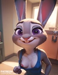 ai_generated animal_humanoid breasts bunny bunny_ears bunny_girl bunny_tail grabbing judy_hopps pulling_clothing removing_shirt stripping taking_clothes_off tits_out zootopia