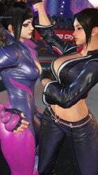 asian_female black_hair black_nail_polish black_nails brown_eyes capcom cleavage clothing eyepatch gloves hair_bun juri_han king_of_fighters leather mai_shiranui nail_polish purple_eyes snk street_fighter street_fighter_6