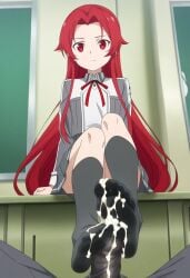 ai_generated cum_in_feet cum_in_sock cum_on_feet cum_on_foot cum_on_socks feet feet_focus female foot_fetish foot_focus footjob red_eyes red_hair sockjob soles sword_art_online tiese_shtolienen toes