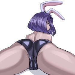 ass back bare_legs bare_shoulders black_leotard bunny_ears cameltoe crotch from_behind grey_skin leotard libixus looking_at_viewer looking_back on_stomach playboy_bunny purple_eyes purple_hair raven_(dc) short_hair shoulder_blades spread_legs strapless_leotard teen_titans thighs white_background