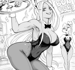 2girls absurd_res anthro arthur_(series) bb_(baalbuddy) big_breasts boku_no_hero_academia bunny_ears bunny_girl bunnysuit buster_baxter crossover dark-skinned_female dark_skin detached_collar english_text female fishnets fit_female greyscale kemonomimi large_breasts leotard leporid lola_bunny long_hair looking_at_viewer looney_tunes mature_female miruko monochrome my_hero_academia neck_ribbon pantyhose rumi_usagiyama slim_waist smiling smiling_at_viewer teeth_showing text thick_thighs tray warner_brothers white_background white_hair wide_hips wrist_cuffs