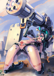 android aqua_eyes bastion_(overwatch) breasts censored female gatling_gun gun hmongt mosaic_censoring nipples overwatch personification phandit_thirathon pussy solo spread_pussy weapon